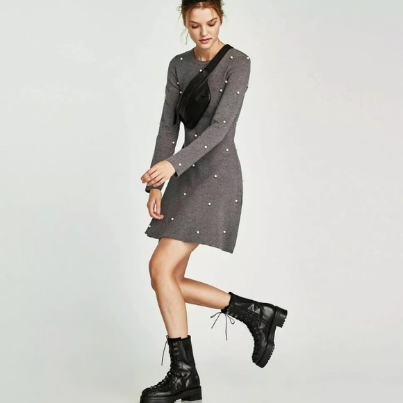 ZARA KNIT COLLECTION SKATER DRESS PEARL BEADS BRAND NEW WITH TAGS SMALL GRAY - Picture 5 of 7